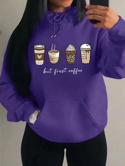 Women's hoodie with coffee cup print, hood, and kangaroo pocket