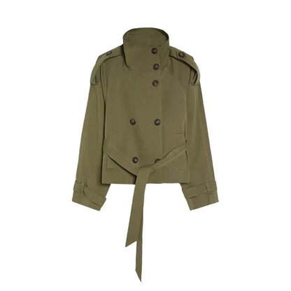 Damen Kurzjacke mit Gürtel Doppelreihig Stehkragen Kurz Trench Jacke