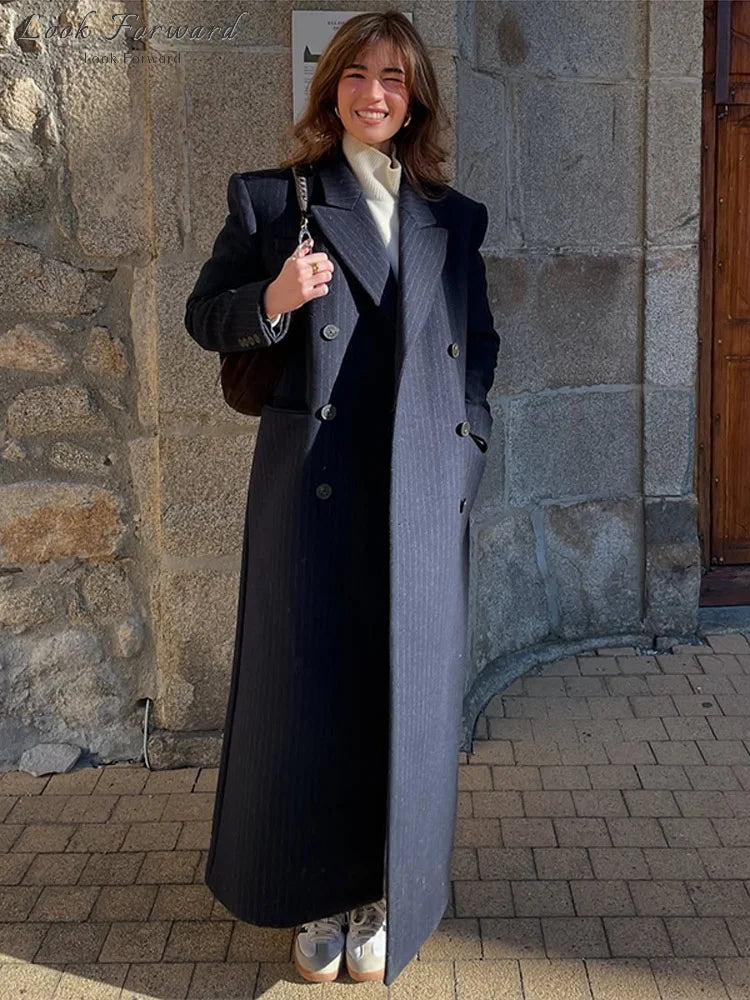 Damen Oversize-Mantel Marineblau Nadelstreifen Lang Zweireihig