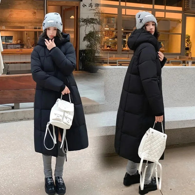 Long quilted coat with hood for women, winter