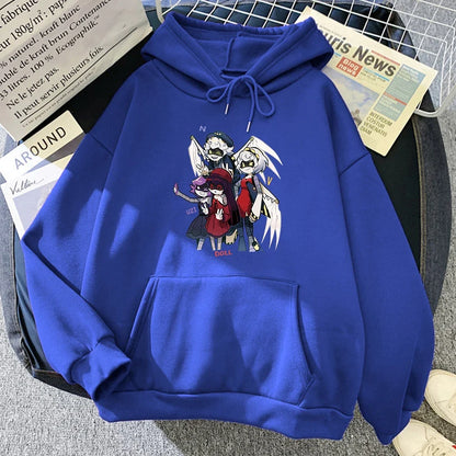 Hoodie mit Kapuze und Anime-Figuren Print Schwarz Unisex