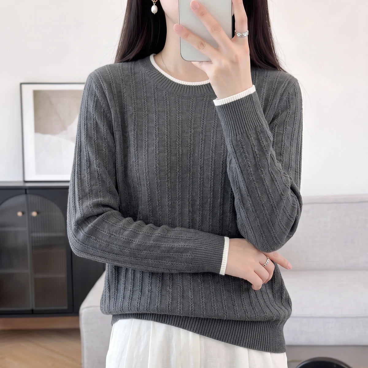 Women's ribbed knit sweater, long sleeves, crew neck, two-tone light blue