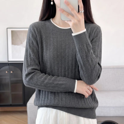 Women's ribbed knit sweater, long sleeves, crew neck, two-tone light blue