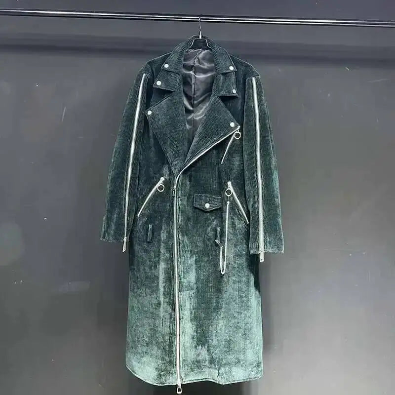 Long Unisex Corduroy Coat Dark Green with Zippers