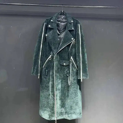 Long Unisex Corduroy Coat Dark Green with Zippers