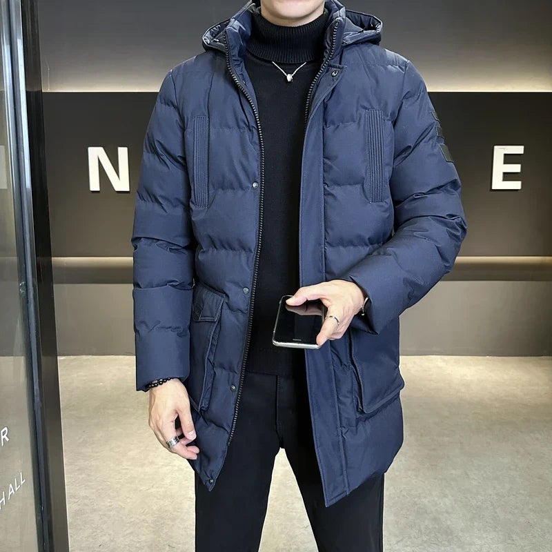 Herren Steppjacke lang mit Kapuze Winter Warm gefüttert - Schwarz, Blau, Oliv