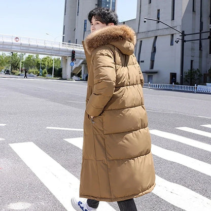 Long padded coat with hood and faux fur trim for men