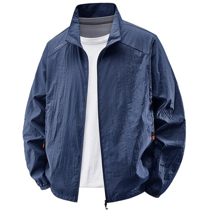 Lightweight men's windbreaker jacket with stand collar and zipper