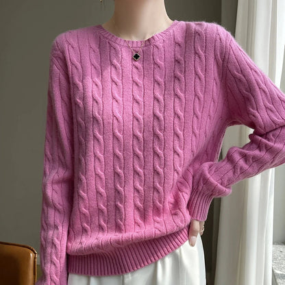 Damen Pullover Zopfmuster Rundhals Langarm Strickpullover