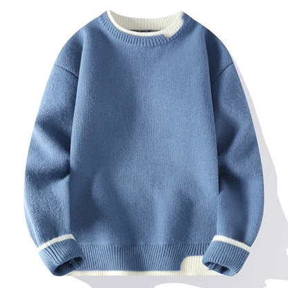 Unisex Two-Tone Crew-Neck Knit Sweater Pink Beige Black Gray Khaki Blue