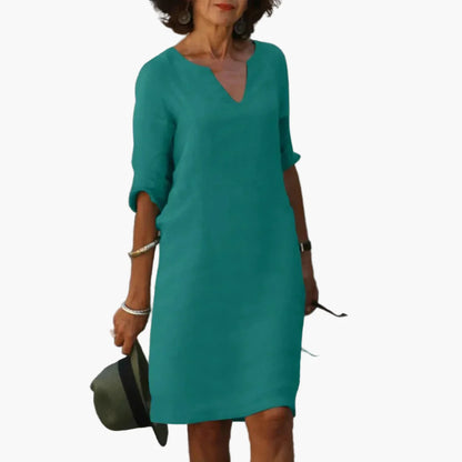 Damen Freizeitkleid mit V-Ausschnitt und 3/4-Ärmeln – Elegantes Alltagskleid für Büro und Freizeit