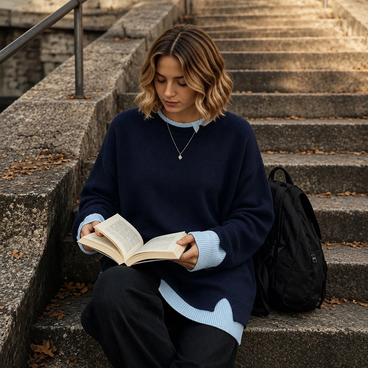 Women's long-sleeve crew-neck sweater with cable-knit look and side slits