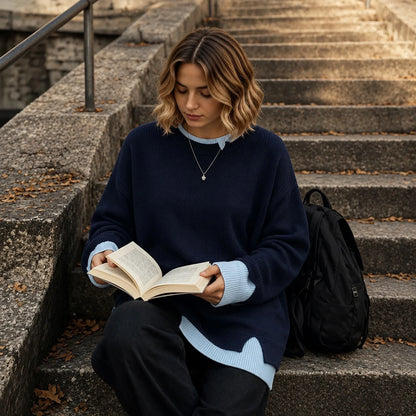 Women's long-sleeve crew-neck sweater with cable-knit look and side slits