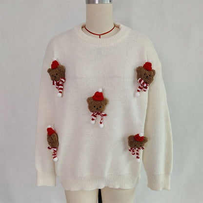 Red Christmas sweater with teddy bear appliqués and a crew neck