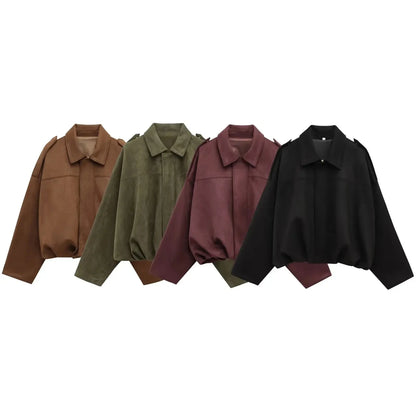 Women's cropped short transition jacket with lapel collar and long sleeves
