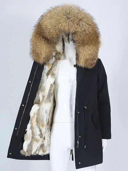 Women's winter parka with hood and fur trim, warm jacket, unisex