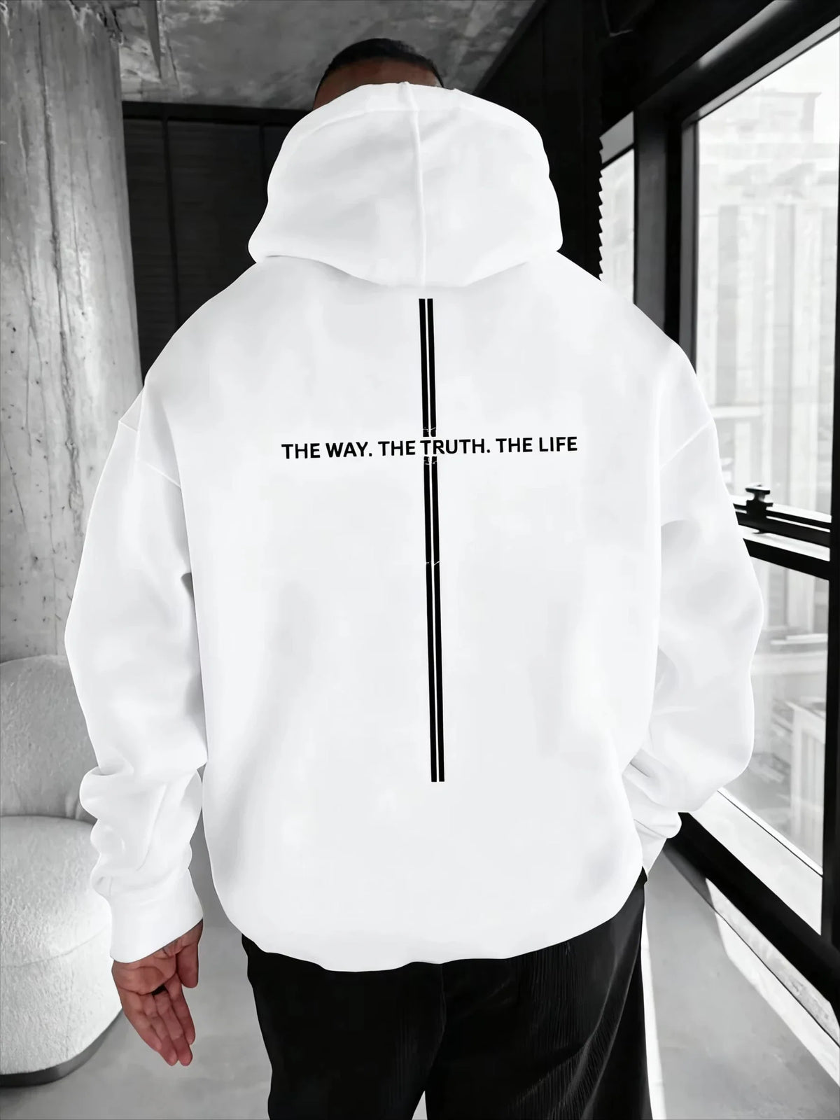Men's Hoodie with "THE WAY. THE TRUTH. THE LIFE." Print and Stripe Design on the Back, Loose Fit