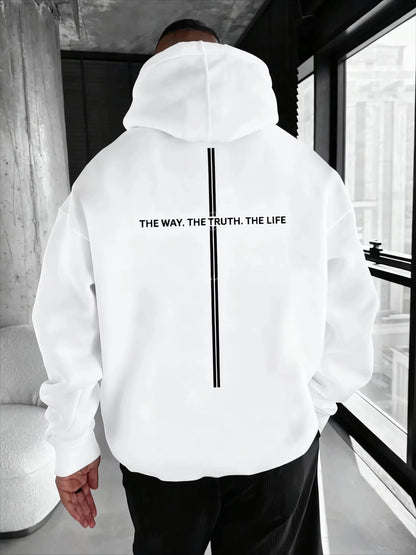 Men's Hoodie with "THE WAY. THE TRUTH. THE LIFE." Print and Stripe Design on the Back, Loose Fit