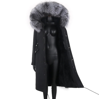 Long winter parka coat with hood and fur trim for women