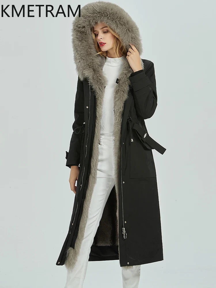 Damen Winterparka Lang Schwarz mit Kunstfellfutter und Kapuze