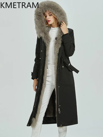 Damen Winterparka Lang Schwarz mit Kunstfellfutter und Kapuze
