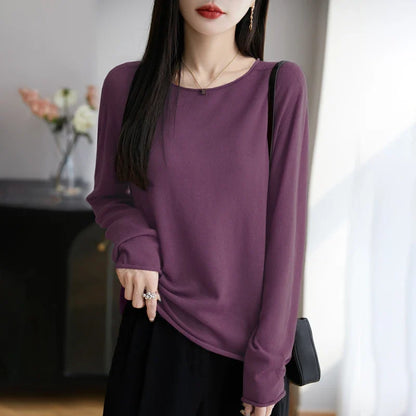 Damen Langarmshirt Rundhals Feinstrick Pullover Violett