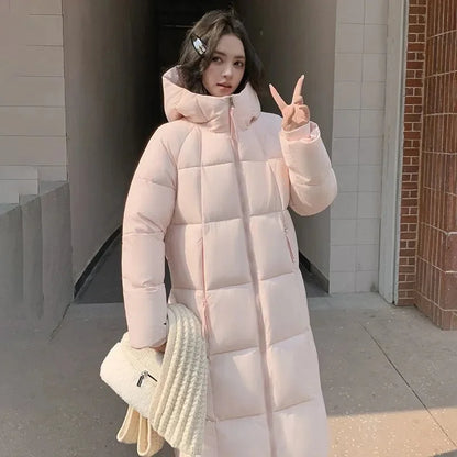 Long quilted coat with hood for women, winter
