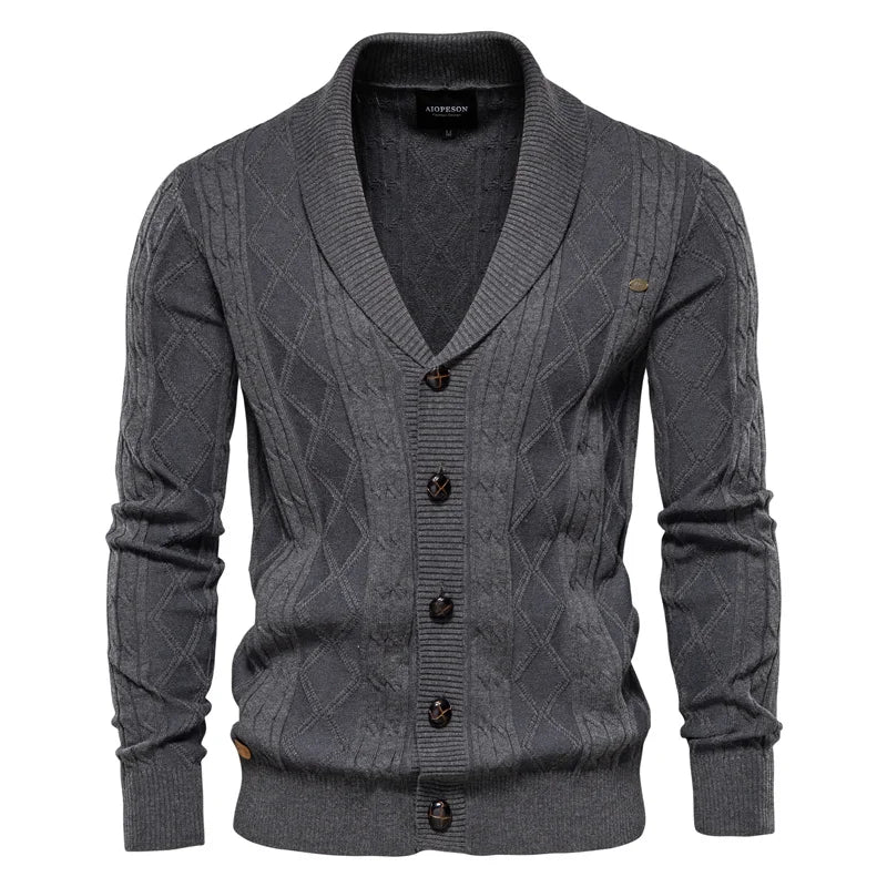 Men's shawl-collar cardigan with diamond pattern and button placket