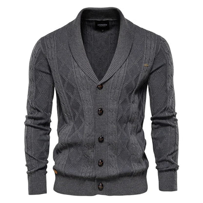 Men's shawl-collar cardigan with diamond pattern and button placket