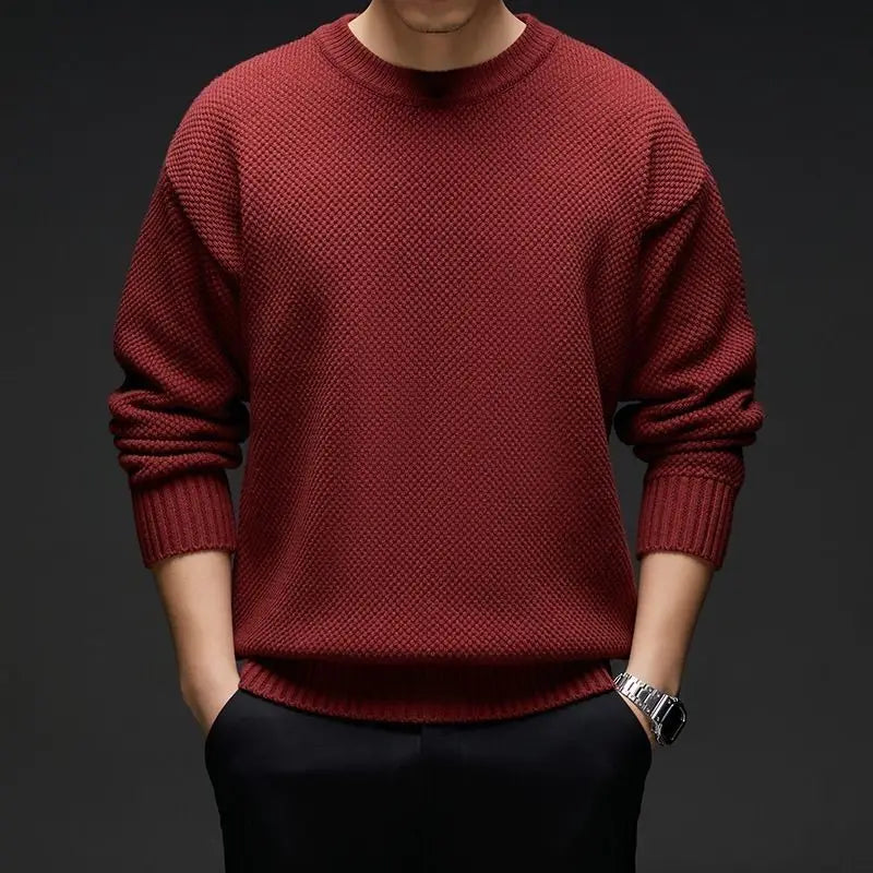 Herren Strickpullover Rundhals Grau Waffelstruktur