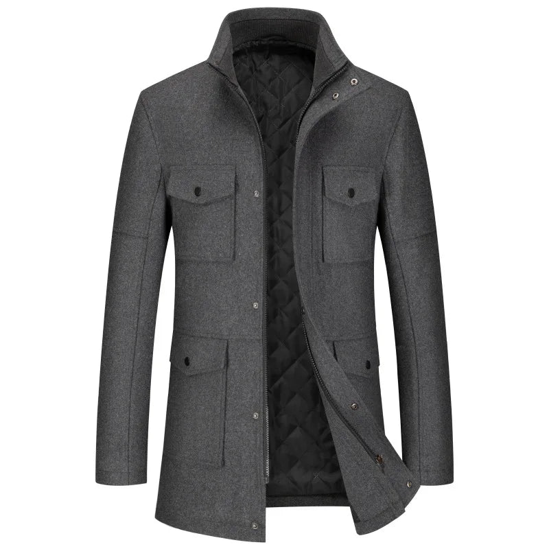 Men's wool jacket with stand-up collar, winter coat with zipper and buttons