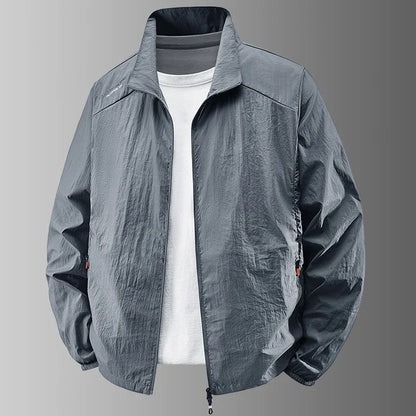 Lightweight men's windbreaker jacket with stand collar and zipper