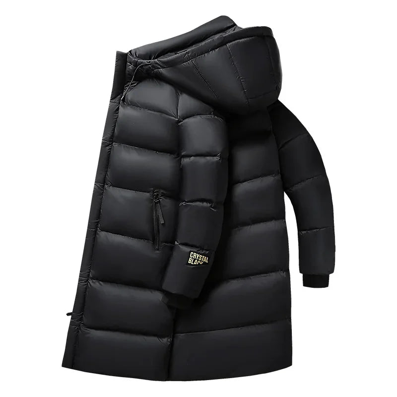 Langer Steppmantel mit Kapuze Schwarz Gepolsterte Winterjacke