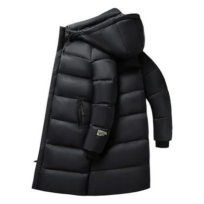 Langer Steppmantel mit Kapuze Schwarz Gepolsterte Winterjacke