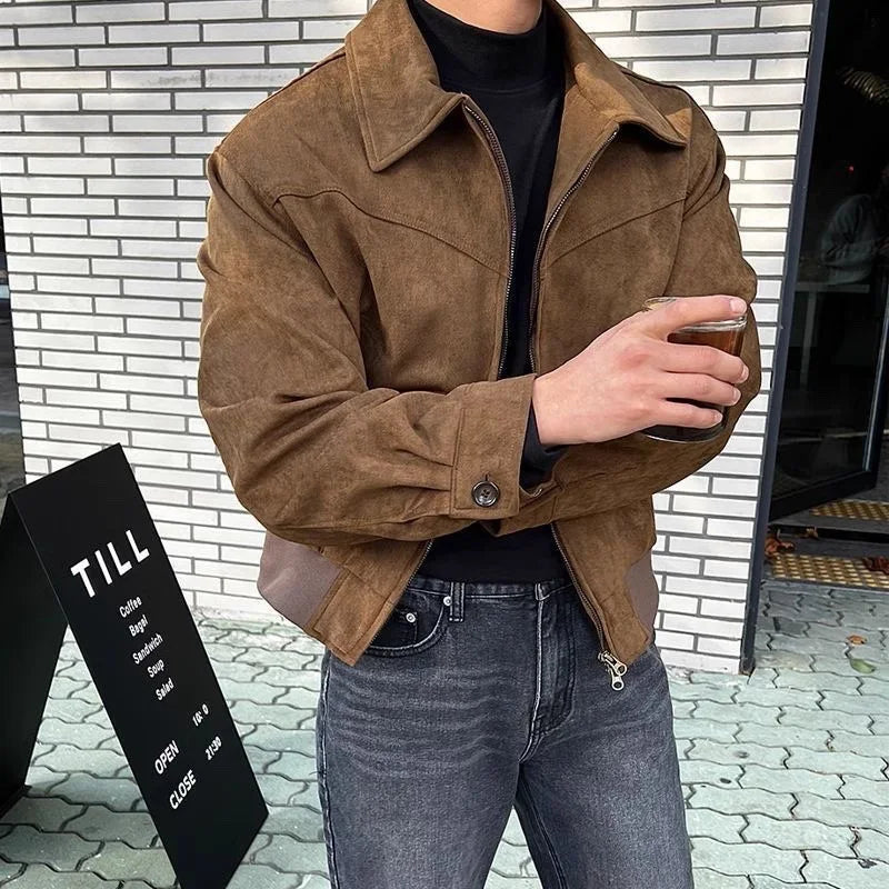 Men's Short Jacket with Zipper and Suede-Look Collar Brown