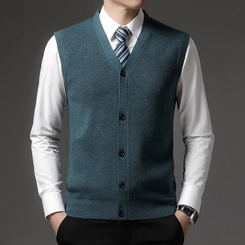 Men's knitted vest V-neck button placket rib knit