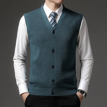 Men's knitted vest V-neck button placket rib knit