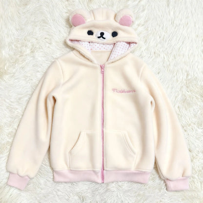 Unisex Teddybär Hoodie Jacke mit Reißverschluss, Beige, Plüsch Look, Kapuze mit Ohren