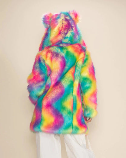 Colorful teddy plush coat with hood and ears, rainbow colors