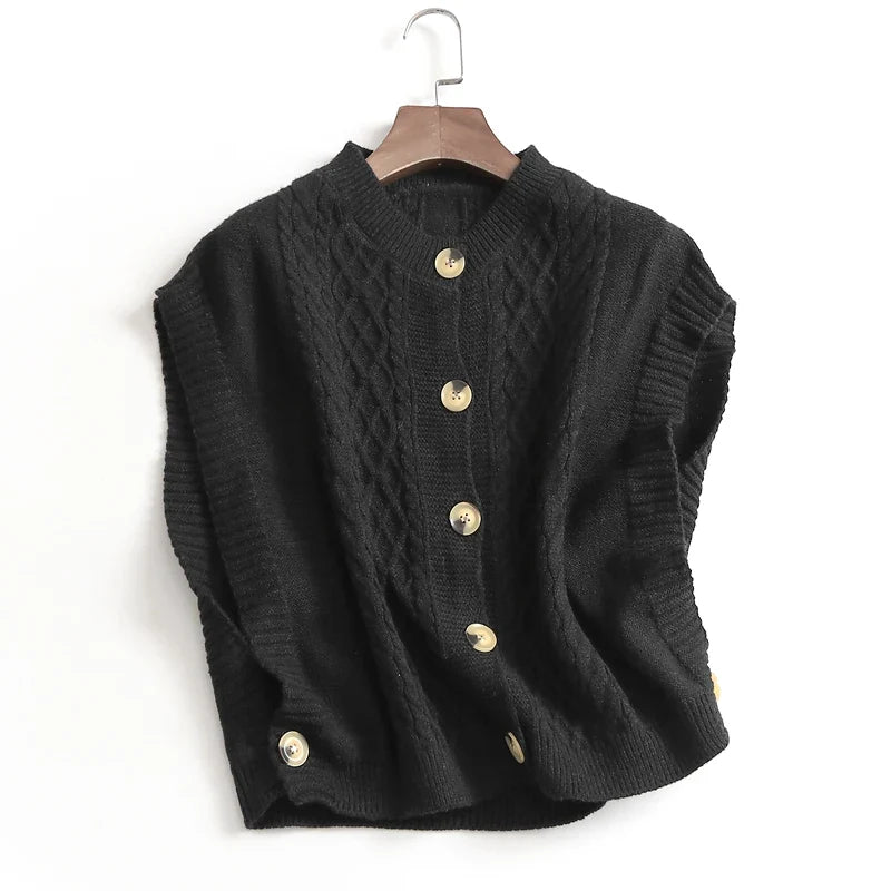 Women's cropped sleeveless cardigan with cable knit pattern, crew neck, and button placket