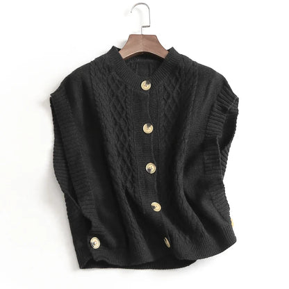 Women's cropped sleeveless cardigan with cable knit pattern, crew neck, and button placket
