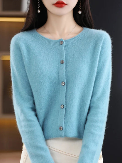Women's crew-neck knitted cardigan with button placket, long-sleeve