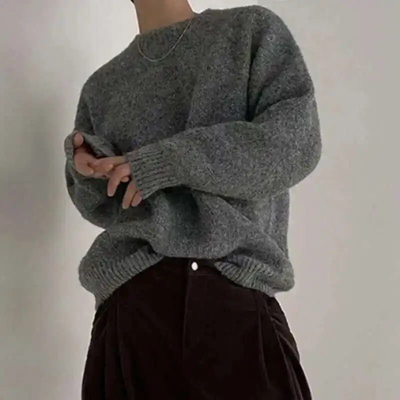 Men's Chunky-Knit Crew-Neck Sweater Gray Long-Sleeve