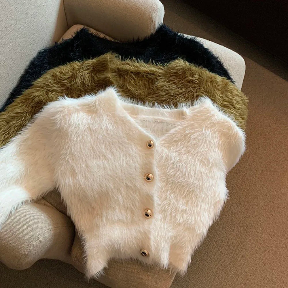 Women's fluffy cardigan with V-neck and gold buttons