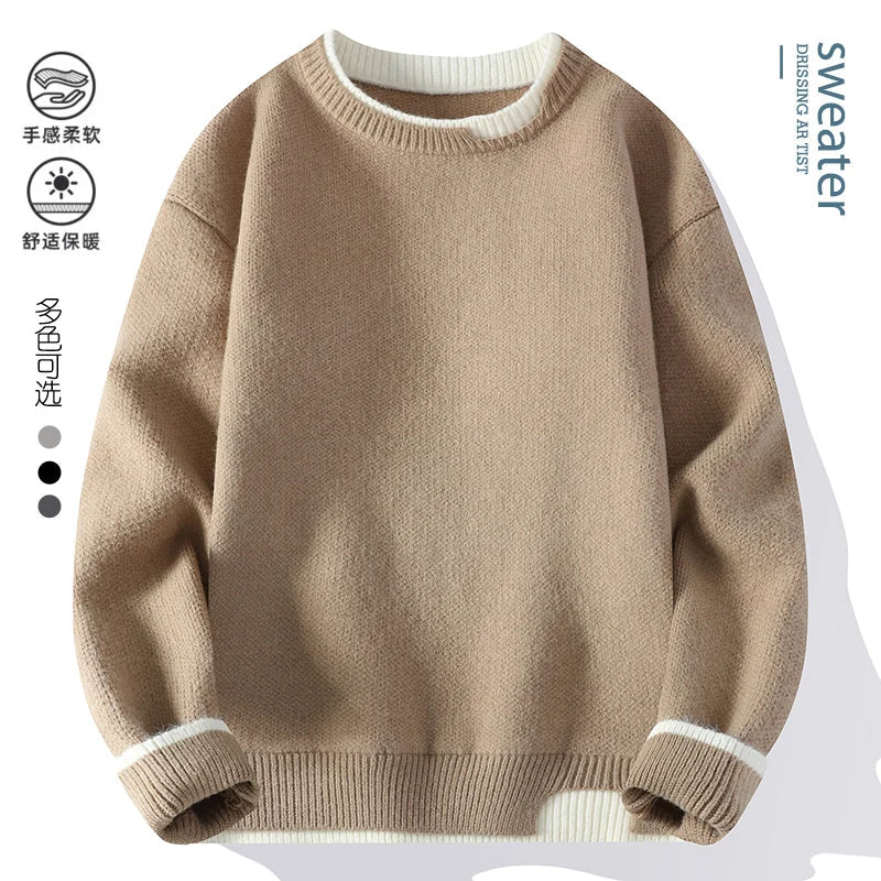 Unisex Two-Tone Crew-Neck Knit Sweater Pink Beige Black Gray Khaki Blue