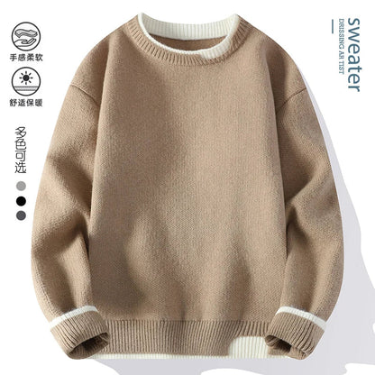 Unisex Two-Tone Crew-Neck Knit Sweater Pink Beige Black Gray Khaki Blue