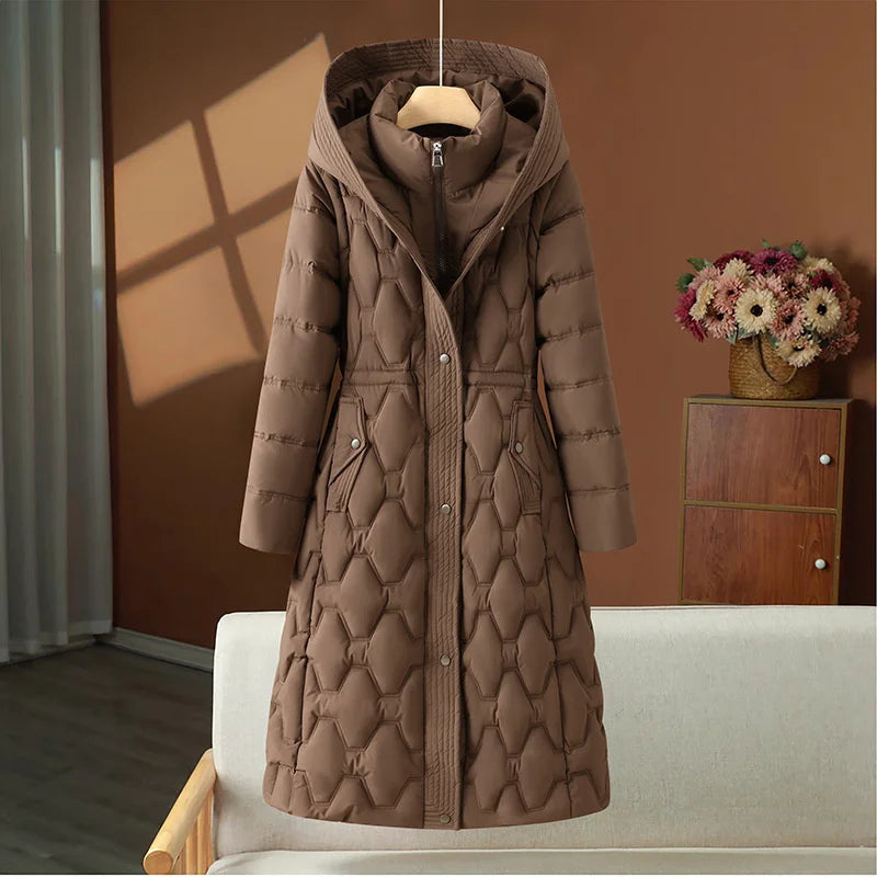 Women's long quilted coat with hood, winter coat, padded, beige