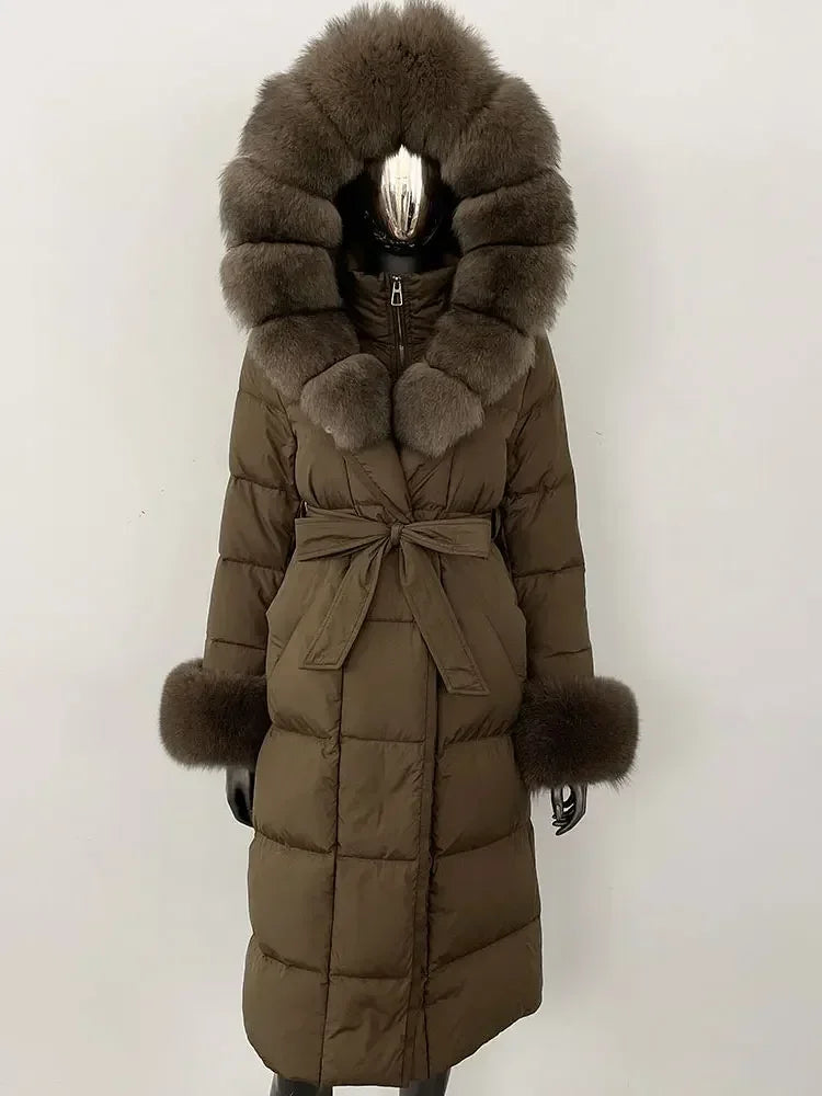 Women's quilted winter down coat with faux fur trim and belt