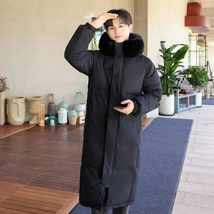 Long padded coat with hood and faux fur trim for men