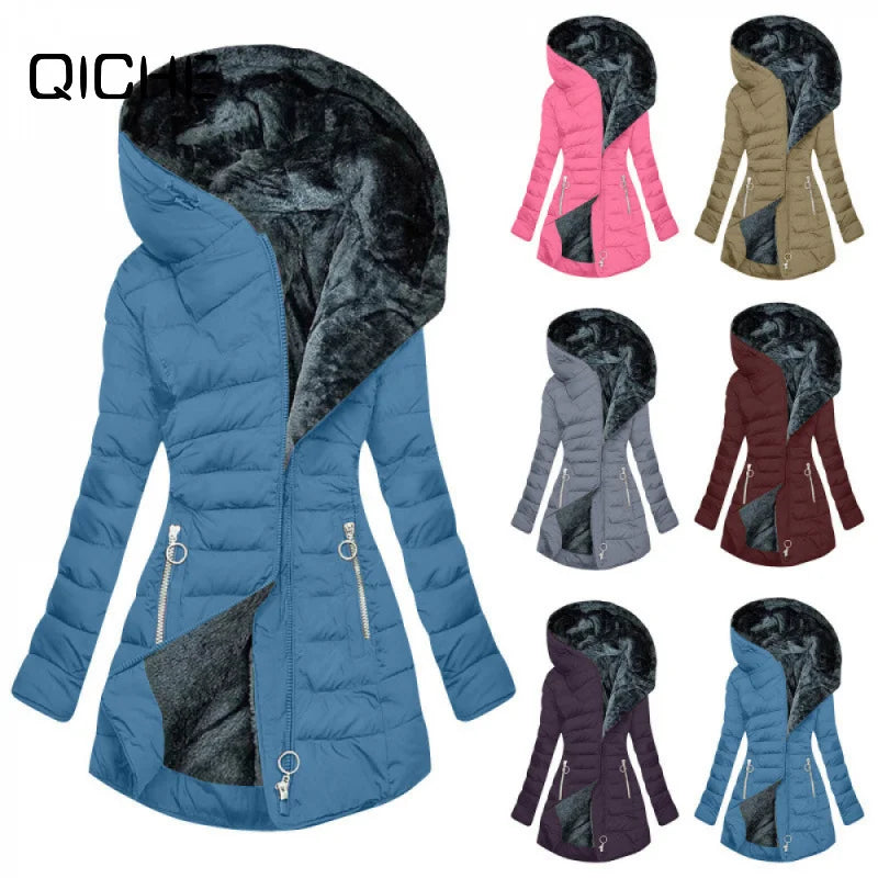 Women's long-sleeved padded winter jacket with hood